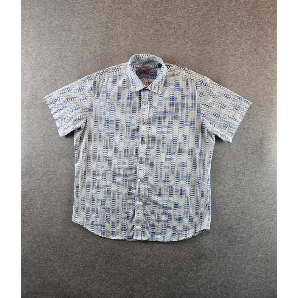 Robert Graham Shirt Mens Medium Blue White Geometric Button Down Short Sleeve